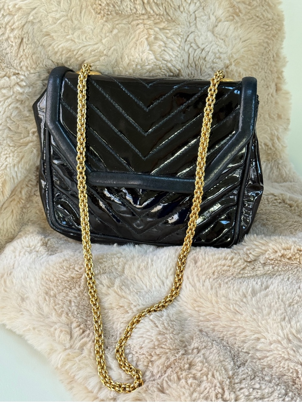Vintage Quilted Black Patent Leather bag with Gold strap